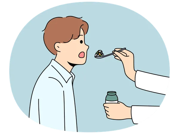 Doctor hand with pills in spoon near patient opening mouth to take painkillers and cure disease  Illustration