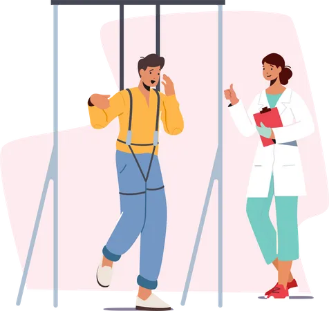 Injured Character With Disabilities Apply Treatment Or Physical Rehabilitation Doctor Help Patient To Stand After Injury Or Medical Operation During Physio Therapy Cartoon People Vector Illustration Illustration