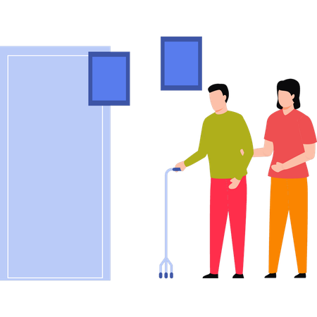 Doctor helping a disabled person to walk  Illustration