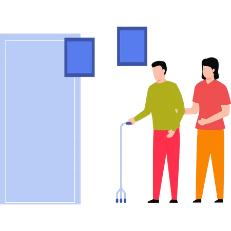 Doctor helping a disabled person to walk  Illustration