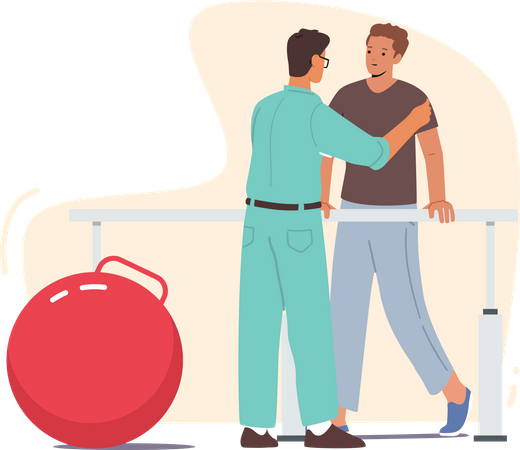 Doctor helping patient to walk after injury  イラスト