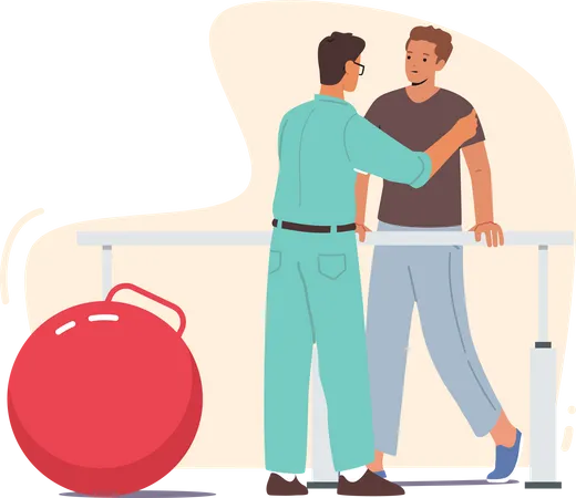 Doctor helping patient to walk after injury  イラスト