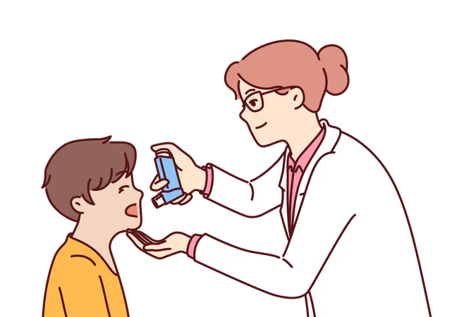 Woman Doctor With Inhaler Helps Boy Cope With Asthma Attack Or Get Rid Of Bronchial Health Problems Caring Pediatrician Giving Inhaler To Child Recommending Use Of Medicated Spray To Fight Flu Illustration