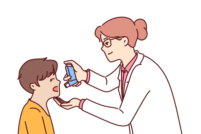 Doctor helps asthma boy with inhaler  Illustration