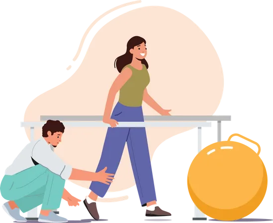 Physical Rehabilitation Concept Doctor Helps Patient To Walk After Injury Or Medical Operation During Physio Therapy Treatment For Character With Disabilities Cartoon People Vector Illustration Illustration