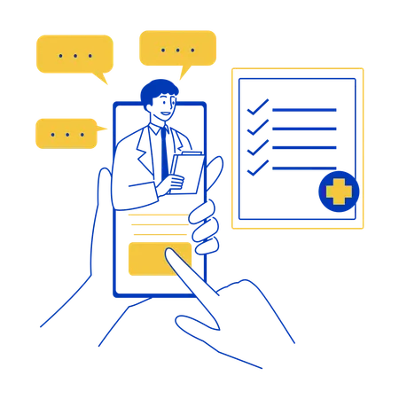 Doctor holding clipboard appears on phone with medical checklist  Illustration