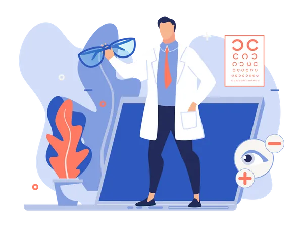 Doctor holding eyeglasses with online eyesight consultation concept Illustration