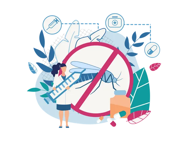 Doctor holding injection and showing Awareness of mosquito diseases with cure and stop sickness sign Illustration