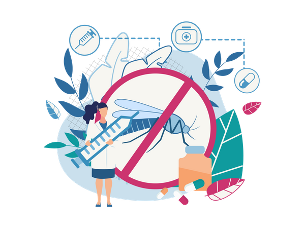 Doctor holding injection and showing Awareness of mosquito diseases with cure and stop sickness sign  Illustration