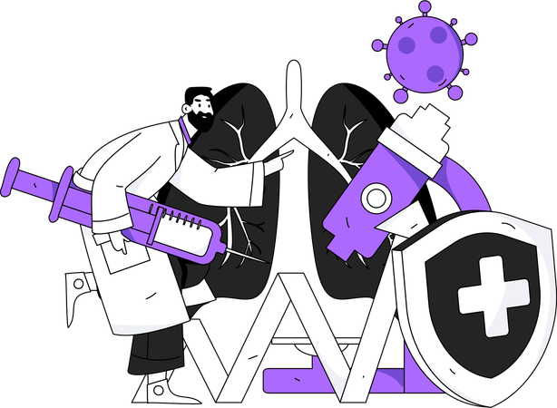 Doctor holding injection while doing lungs examination  Illustration