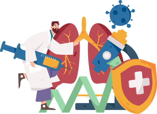 Doctor holding injection while doing lungs examination  Illustration