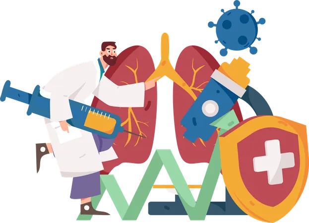 Doctor holding injection while doing lungs examination  Illustration