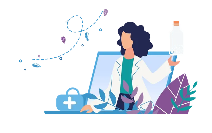 Doctor holding medicine bottle as cure and research on laptop  Illustration