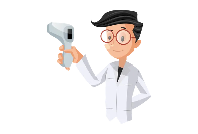 Doctor holding temperature gun Illustration
