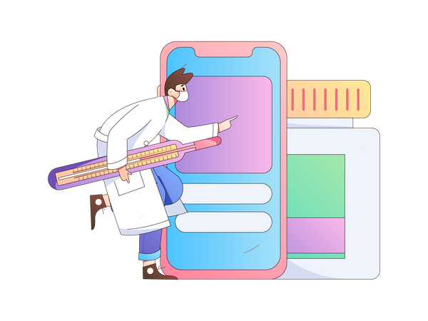 Doctor Holding thermometer while pointing medicine bottle  イラスト