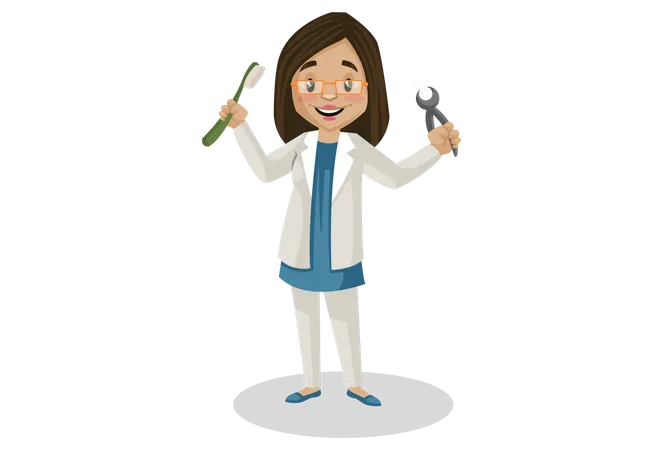 Doctor holding toothbrush and operation tool Illustration
