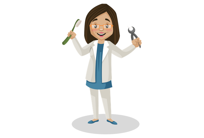 Doctor holding toothbrush and operation tool  Illustration