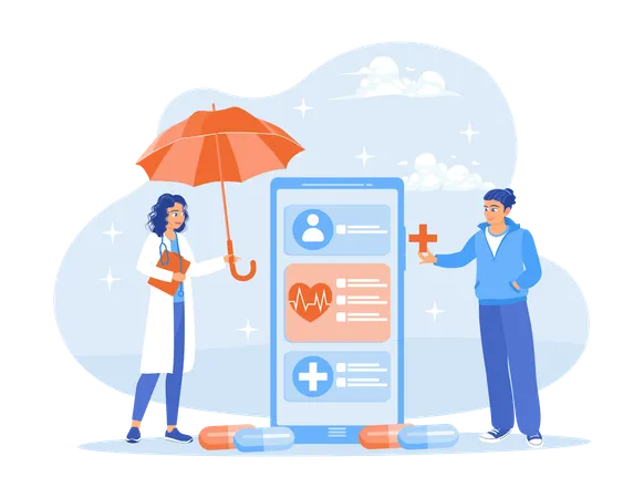 Doctor Holding Umbrella And Shows Patient Health Insurance Contract  Illustration