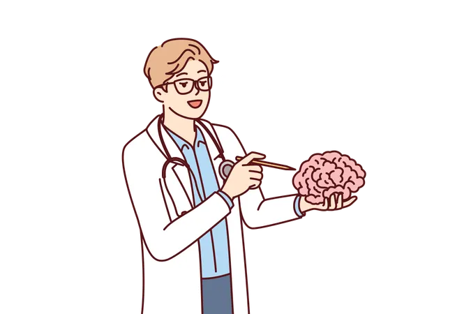 Doctor holds brain in hand explaining work of neurons to students of medical university  Illustration