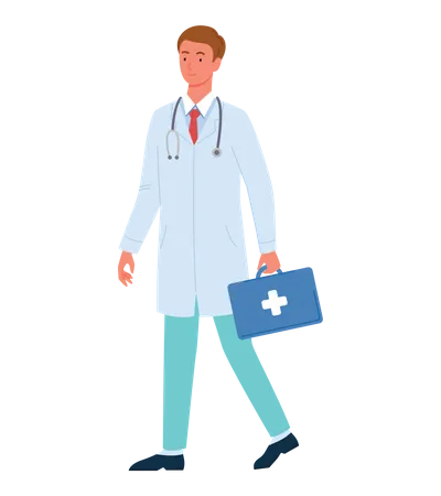 Doctor varón caminando con botiquín médico  Ilustración