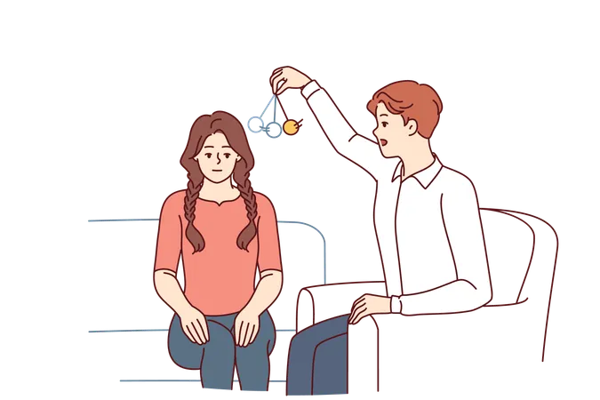 Man Psychotherapist Hypnotizes Woman Patient Using Pendulum To Solve Psychological Problems In Subconscious Guy Hypnotizes Girl To Take Advantage Unconscious State Or Remove Information From Memory Illustration