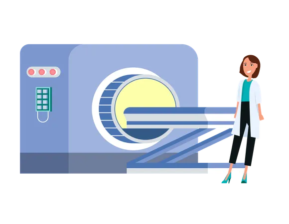 Magnetic Resonance Imaging Scanner Machine Technology And Diagnostics Female Medical Worker Doctor Or Nurse Wearing Uniform Health Care Vector Illustration In Flat Cartoon Style イラスト