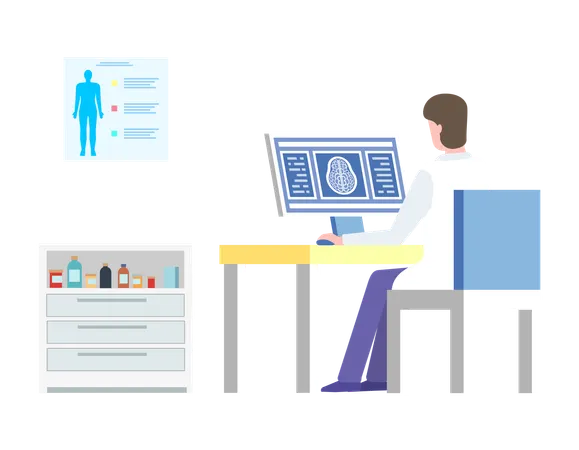 Vector Man Wearing White Coat In Hospital Clinic And Medical Care Board With Human Body And Cabinet Illustration