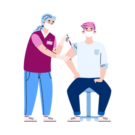 Doctor in mask and gloves giving injection coronavirus vaccine  Illustration