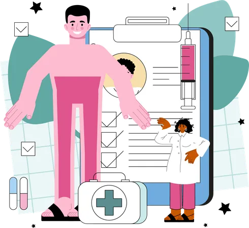 Doctor in medical protective suit making patient report  Illustration