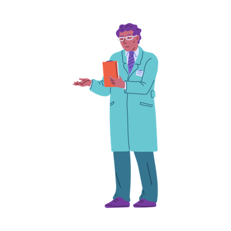 Doctor in uniform holds medical card with information about the patient  Illustration