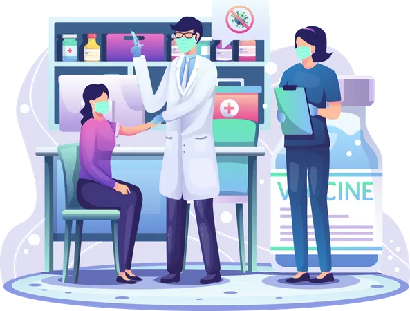 Doctor In A Clinic Giving Covid 19 Coronavirus Vaccine To A Woman For Immunity Health Concept Flat Vector Illustration Illustration