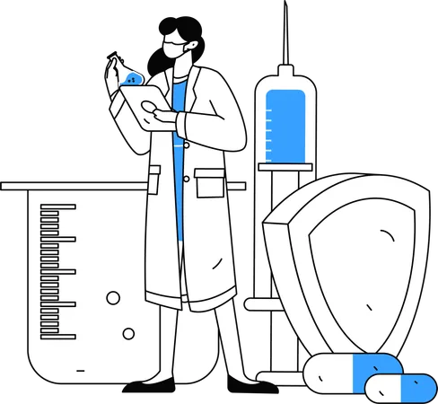 Doctor inspects each chemical while experimenting  Illustration