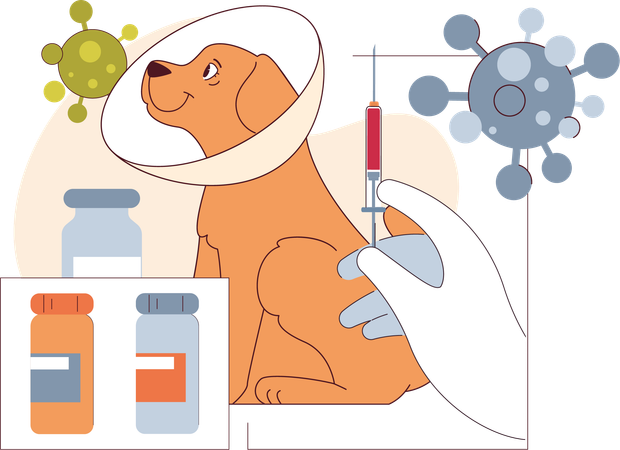 Médico inyecta jeringa a perro enfermo  Ilustración