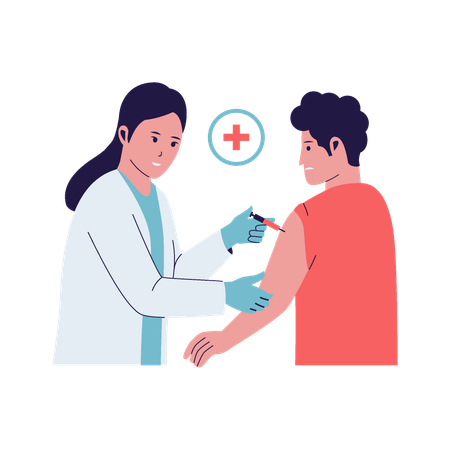 Doctor inyectando vacuna al paciente  Ilustración