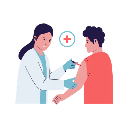 Doctor inyectando vacuna al paciente  Ilustración