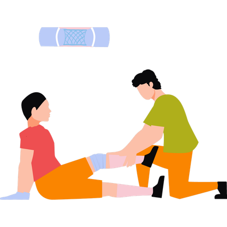 Doctor is bandaging a boy's leg  イラスト
