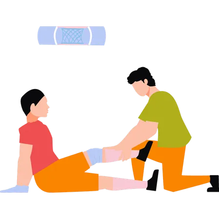 Doctor is bandaging a boy's leg  Illustration