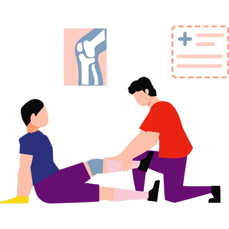 Doctor is bandaging boy's leg  Illustration