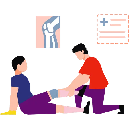 Doctor is bandaging boy's leg  Illustration