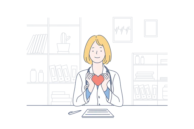 Heart Cardiology Health Medicine Concept Young Happy Doctor Cardiologist Holding A Model Of The Heart In His Office Clinic Professor Gives A Lecture With A Smile Simple Flat Vector Illustration