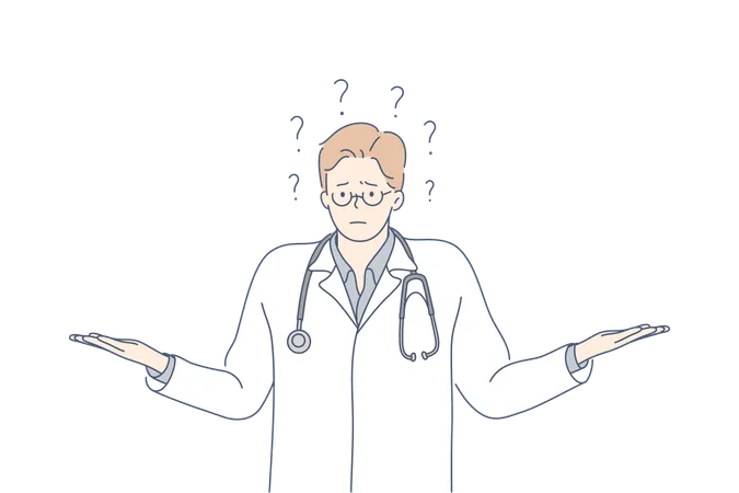 Question Problem Medicine Ignorance Concept Young Ignorant Pensive Thoughtful Man Doctor Intern Cartoon Character Thinking About Problem Searching For Idea And Trouble Solution Or Brainstorming Illustration