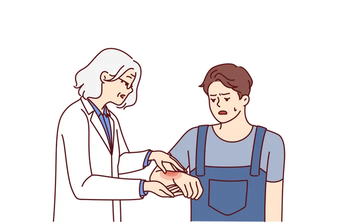 Man With Hand Injury Goes To Doctor For Help For Treatment Or For Advice On Rehabilitation Elderly Woman Doctor Helps Guy In Uniform To Cure Injury Received During Construction Work イラスト