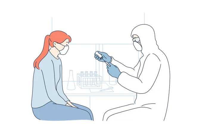 Doctor is consulting patient while taking preventive measures  イラスト