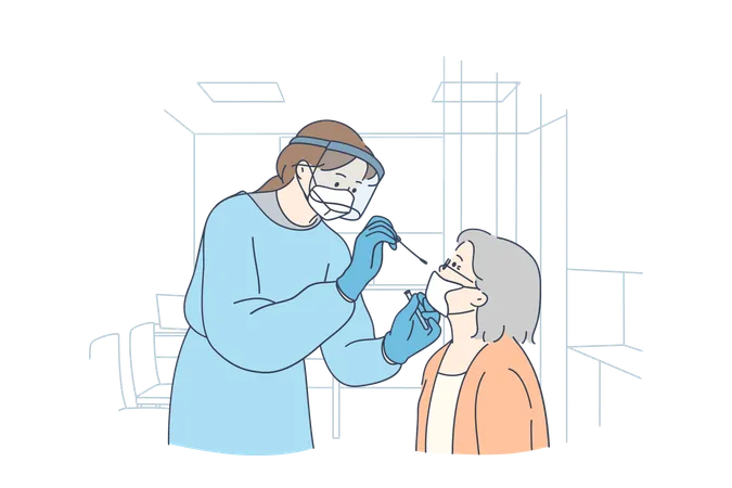 Healthcare And Medical Testing For COVID 19 Concept Professional Medical Worker Woman Nurse Wearing Personal Protective Equipment Testing Senior Woman For Dangerous Disease Using Test Stick Illustration