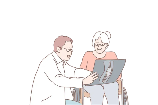 Health Surgery Radiology Senile Diseases Concept Young Competent Doctor Explains Diagnosis To An Elderly Woman Disabled Person Professional Therapist Surgeon Shows An Xray Picture Flat Vector Illustration