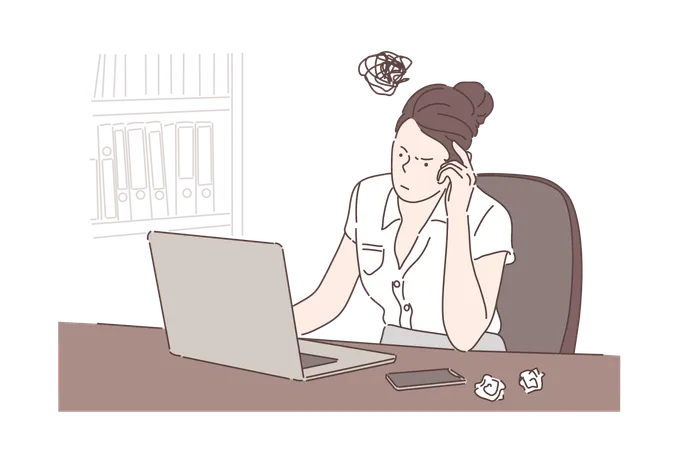 Girl Sitting At Desk Businesswoman Working With Computer At Office Concept Woman Typing On Laptop Crumpled Pieces Of Paper Thinking Process Searching For Ideas Simple Flat Vector Illustration
