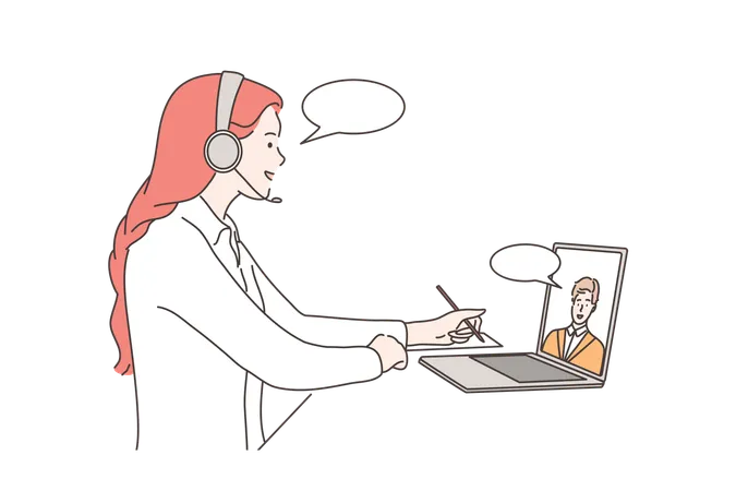 Call Center Help Business Communication Concept Young Woman Girl Consultant Manager Operator With Headset Supporting Man Consumer Client Online With Laptop Online Customer Service Support 24 Hours Illustration