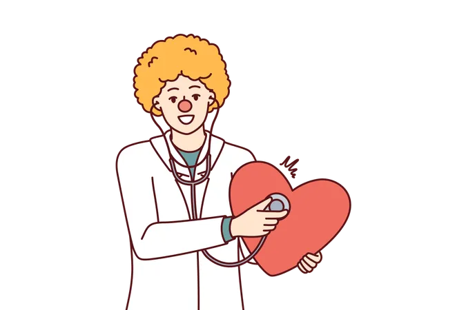 Doctor With Clown Haircut Holds Stethoscope And Big Heart In Hand To Congratulate Children On Red Nose Day Funny Doctor Pediatrician Calls To Draw On Cardiovascular Diseases And Undergo Diagnostics Illustration