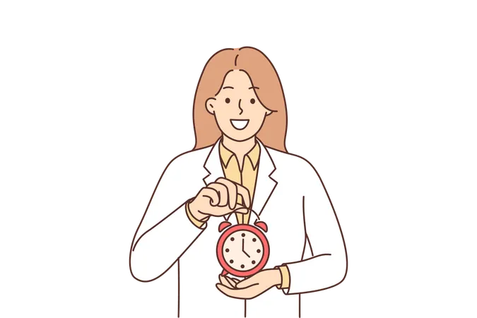 Woman Doctor Holding Alarm Clock Recommending Sticking To Schedule For Taking Medications Or Visiting Clinic Female Therapist In White Coat Reminds That Its Time To Go To Doctor Illustration