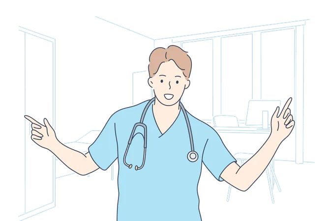 Healthcare Medicine Doctor Concept Young Happy Man Or Boy Medical Worker Or Corpsman Practitioner Standing In Hospital Looking Straight At Camera Internship In Clinic And Success Illustration Illustration